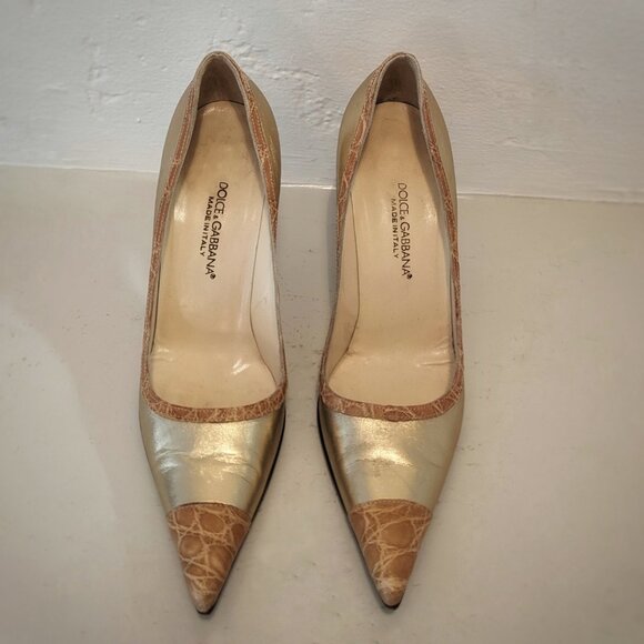 Vintage DOLCE & GABBANA Gold Leather Embossed Croc Trimmed Stiletto Pumps, Sz. 6 - Picture 16 of 16